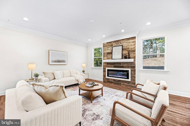 living area featuring ornamental molding, baseboards, and recessed lighting