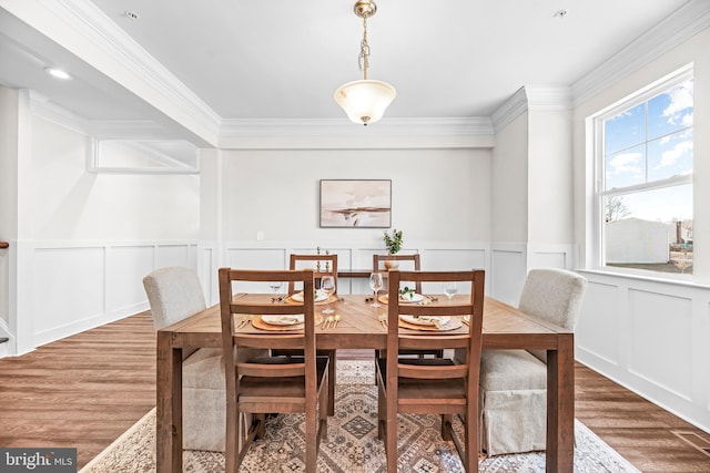 dining area with crown molding, wood finished floors, wainscoting, and a decorative wall