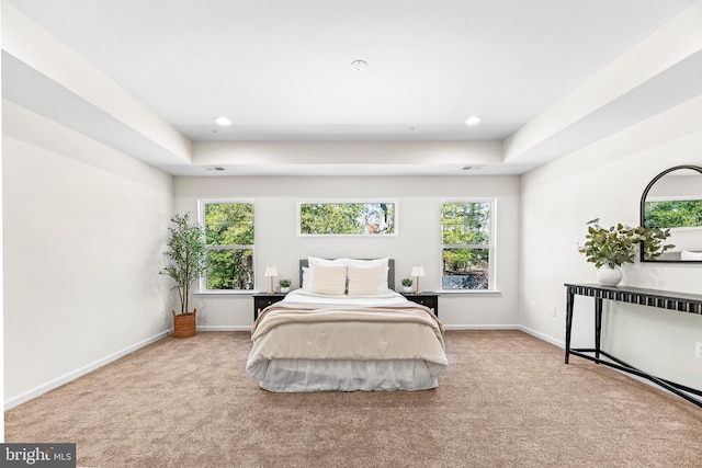 bedroom with carpet floors, baseboards, recessed lighting, and visible vents