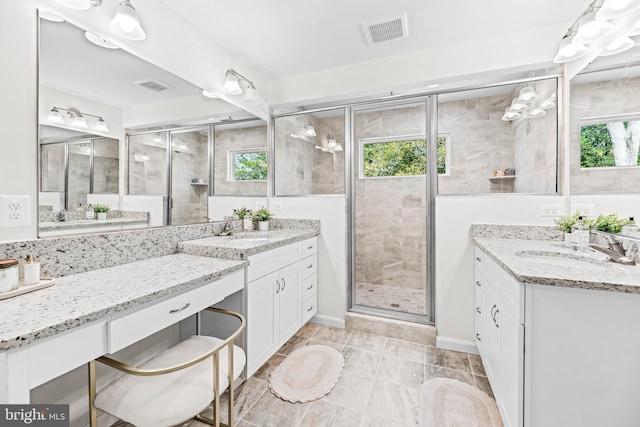 full bathroom featuring a stall shower, a healthy amount of sunlight, a sink, and visible vents