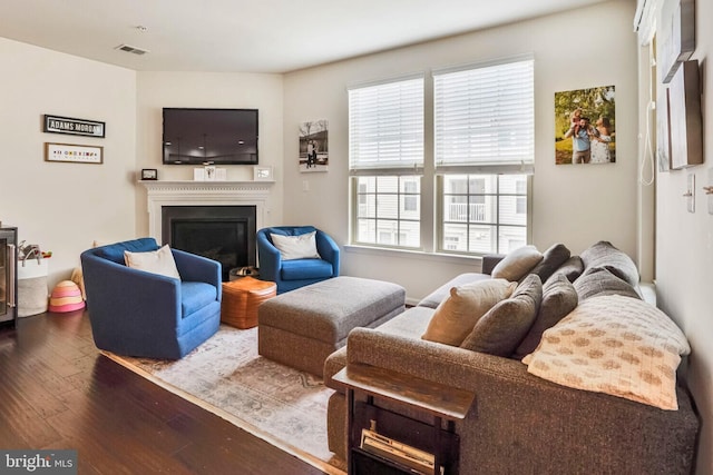 living area with hardwood / wood-style flooring and a glass covered fireplace