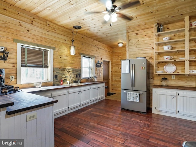 125 Rural Retreat Ln, Great Cacapon, WV 25422 - kitchen featuring freestanding refrigerator, wood counters, ceiling fan, dark wood-style floors, and a sink