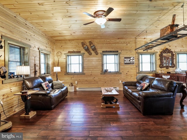 125 Rural Retreat Ln, Great Cacapon, WV 25422 - living area featuring wood-type flooring, ceiling fan, wood walls, wooden ceiling, and a baseboard radiator