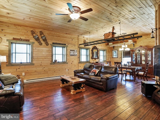 125 Rural Retreat Ln, Great Cacapon, WV 25422 - living room with wood ceiling, ceiling fan, healthy amount of natural light, wooden walls, and dark wood finished floors