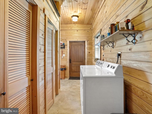 125 Rural Retreat Ln, Great Cacapon, WV 25422 - laundry area with washer and clothes dryer, wooden walls, and wooden ceiling