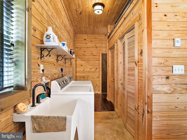 125 Rural Retreat Ln, Great Cacapon, WV 25422 - laundry area with washer and clothes dryer, wood walls, and wooden ceiling