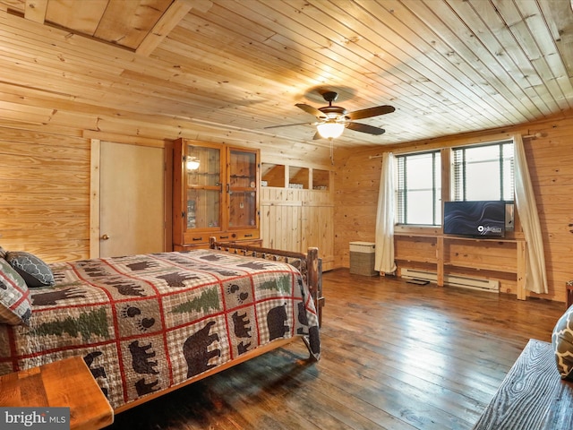 125 Rural Retreat Ln, Great Cacapon, WV 25422 - bedroom featuring wooden walls, wood ceiling, hardwood / wood-style flooring, and a baseboard heating unit