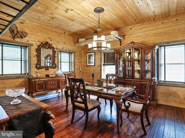 125 Rural Retreat Ln, Great Cacapon, WV 25422 - dining space with a chandelier, wood walls, wood ceiling, dark wood-style floors, and baseboard heating