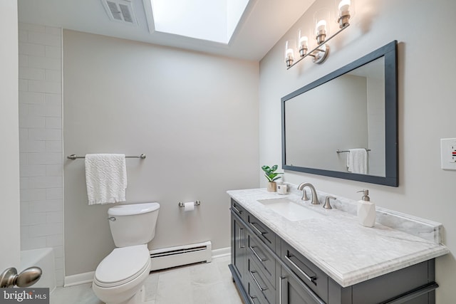 full bath with vanity, a baseboard radiator, baseboards, and toilet
