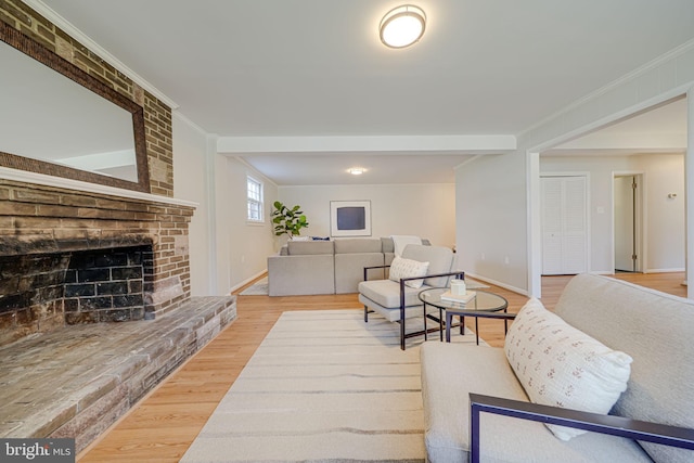 living room with crown molding, baseboards, wood finished floors, and a fireplace