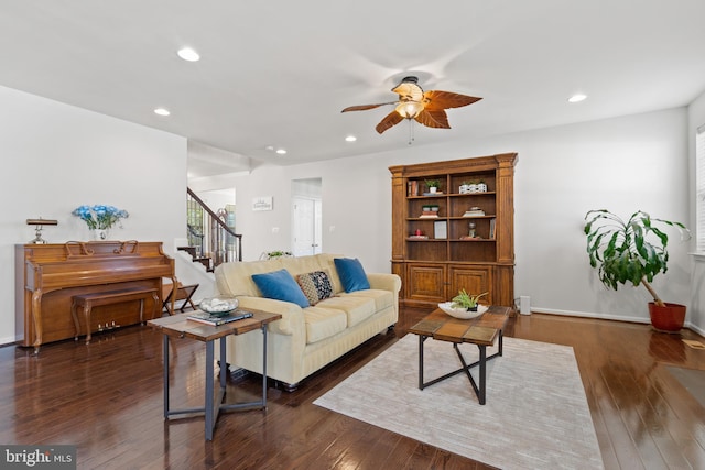 42364 Winsbury W Pl, Sterling, VA 20166 - living area with a ceiling fan, stairs, recessed lighting, hardwood / wood-style floors, and baseboards