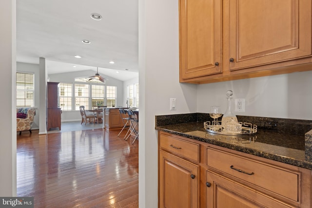 42364 Winsbury W Pl, Sterling, VA 20166 - bar with lofted ceiling, wood finished floors, plenty of natural light, a ceiling fan, and recessed lighting