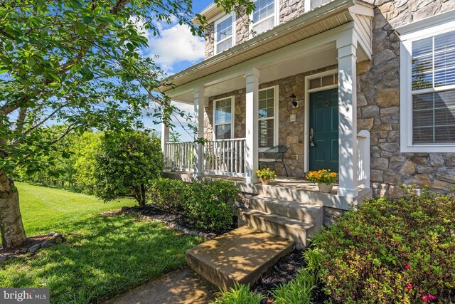 42364 Winsbury W Pl, Sterling, VA 20166 - entrance to property with stone siding, covered porch, and a lawn