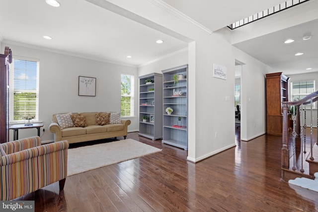 42364 Winsbury W Pl, Sterling, VA 20166 - living room with stairs, wood finished floors, plenty of natural light, crown molding, and recessed lighting
