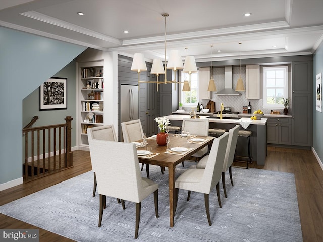 dining room featuring ornamental molding, baseboards, light wood-type flooring, and recessed lighting