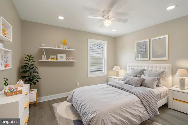 bedroom with recessed lighting, baseboards, a ceiling fan, and wood finished floors