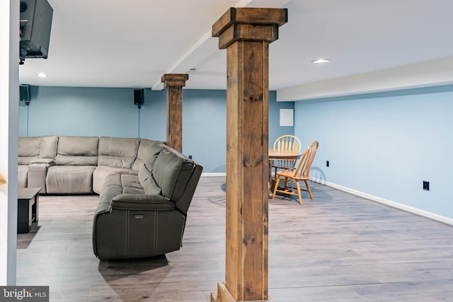 97 Winding Creek Rd, Stafford, VA 22554 - living room with ornate columns, wood finished floors, baseboards, and recessed lighting