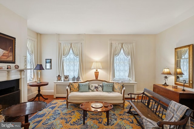 living area with baseboards, a fireplace, and wood finished floors