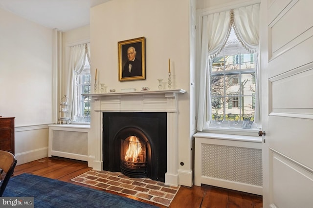 living area with baseboards, wood finished floors, and radiator