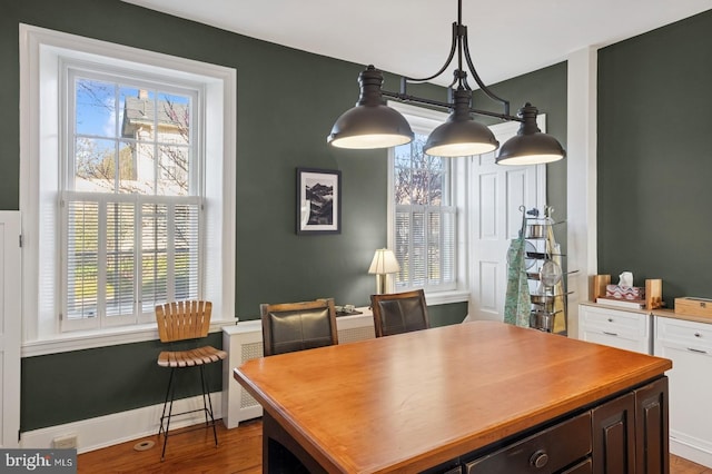 dining room featuring dark wood-style flooring, baseboards, and a wealth of natural light