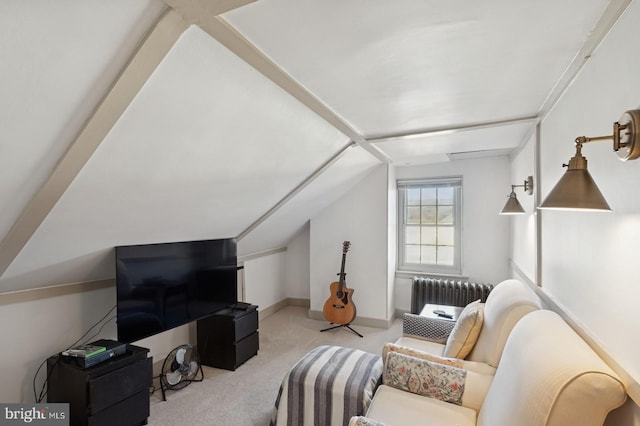 living room featuring carpet flooring, radiator heating unit, and vaulted ceiling