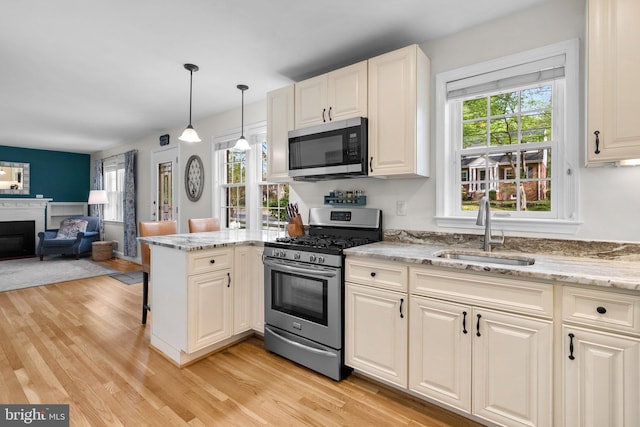 kitchen with a sink, open floor plan, a glass covered fireplace, stainless steel appliances, and light wood finished floors
