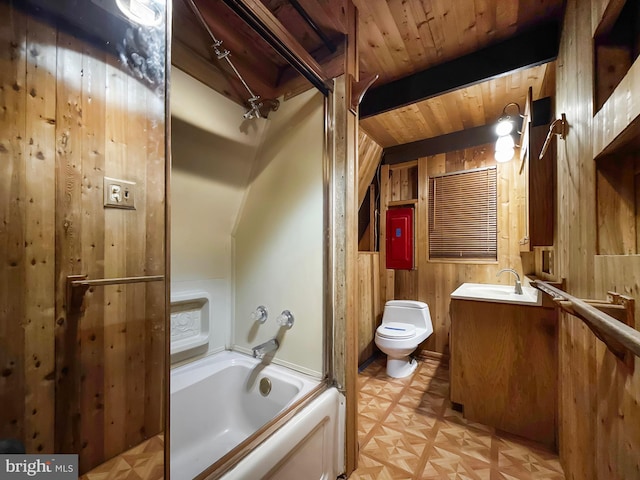 bathroom featuring shower / washtub combination, vanity, toilet, wooden ceiling, and wood walls