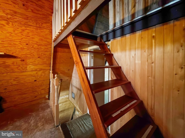 staircase featuring wood walls and carpet flooring
