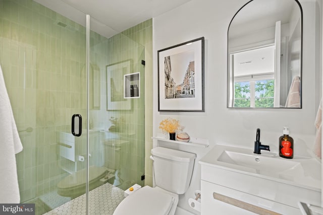 full bath featuring vanity, toilet, and a shower stall