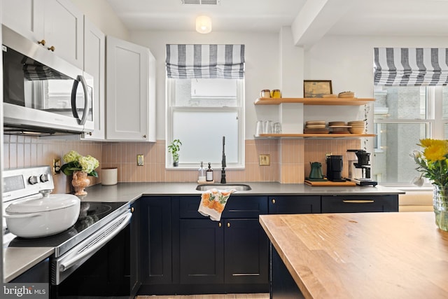 kitchen featuring a sink, decorative backsplash, stainless steel appliances, and a wealth of natural light