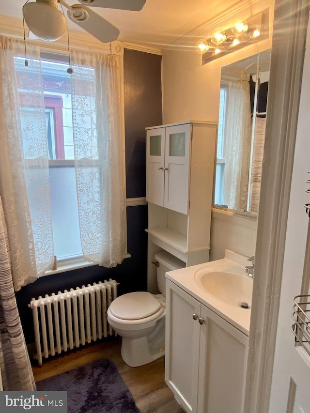 bathroom with a ceiling fan, crown molding, vanity, toilet, and radiator