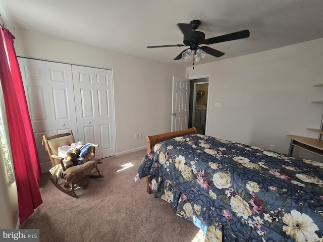 carpeted bedroom with a closet and ceiling fan