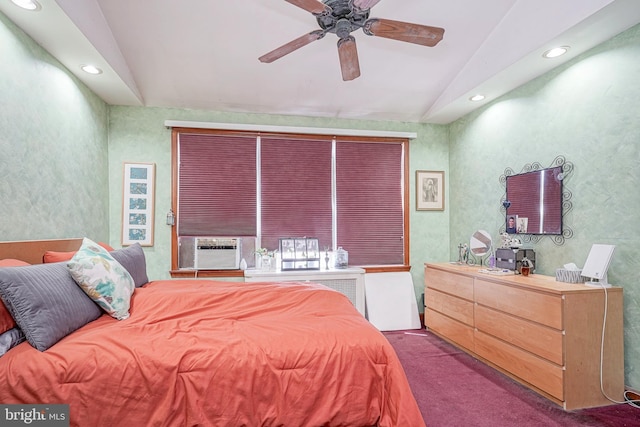 bedroom featuring carpet flooring, cooling unit, vaulted ceiling, recessed lighting, and ceiling fan