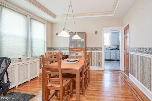 dining space with a wealth of natural light, a wainscoted wall, and a raised ceiling