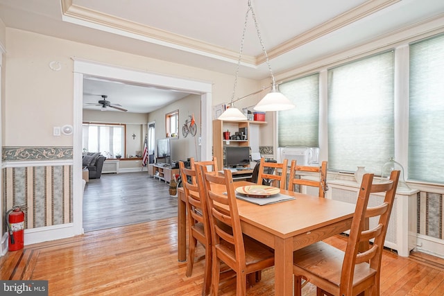dining room with light wood-type flooring, ceiling fan, and crown molding