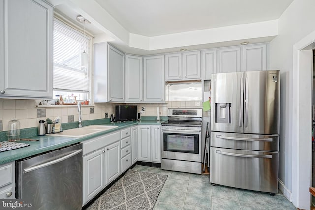 kitchen featuring white cabinets, stainless steel appliances, backsplash, a sink, and pendant lighting