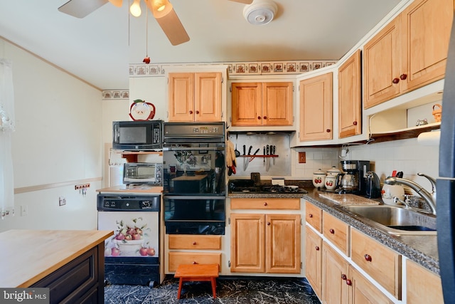 kitchen with a ceiling fan, a warming drawer, a sink, backsplash, and black appliances