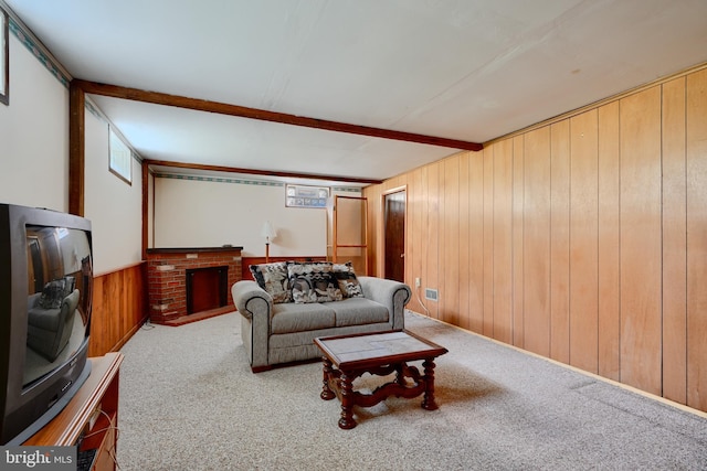 living room with wooden walls and carpet