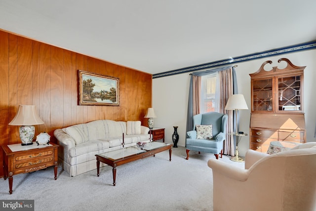 living area with wooden walls and carpet floors