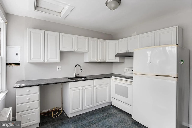 kitchen with white cabinets, a sink, dark countertops, white appliances, and under cabinet range hood