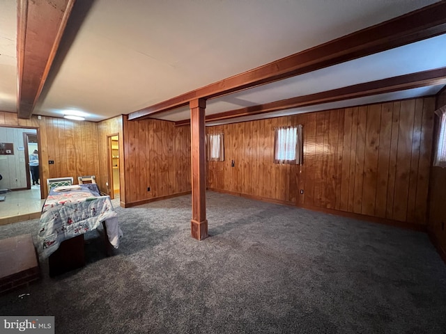 basement featuring carpet floors and wood walls