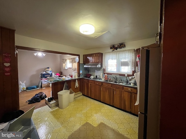kitchen featuring under cabinet range hood, a peninsula, freestanding refrigerator, and a sink