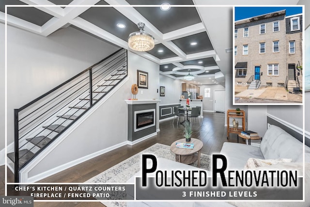 living room featuring baseboards, hardwood / wood-style flooring, beamed ceiling, stairway, and coffered ceiling