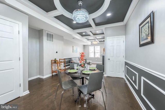 dining space with an inviting chandelier, dark wood-type flooring, visible vents, coffered ceiling, and beam ceiling