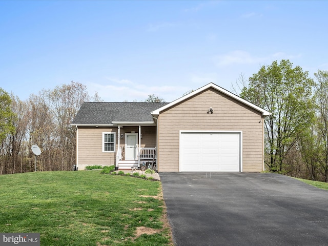 single story home featuring aphalt driveway, a shingled roof, a front lawn, a porch, and a garage
