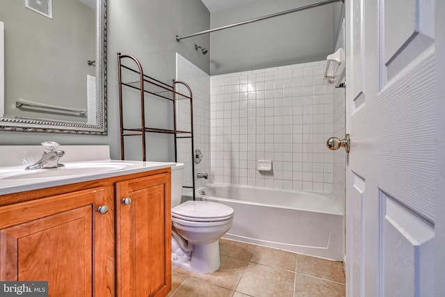 full bath featuring tile patterned flooring, vanity, shower / bathtub combination, toilet, and visible vents