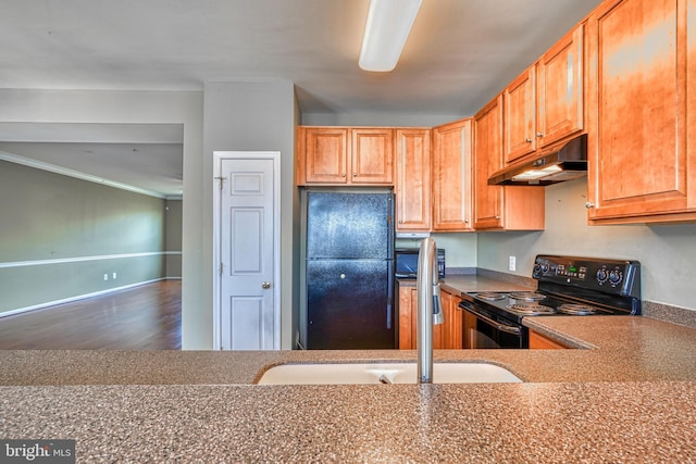 kitchen featuring crown molding, a sink, wood finished floors, under cabinet range hood, and black appliances