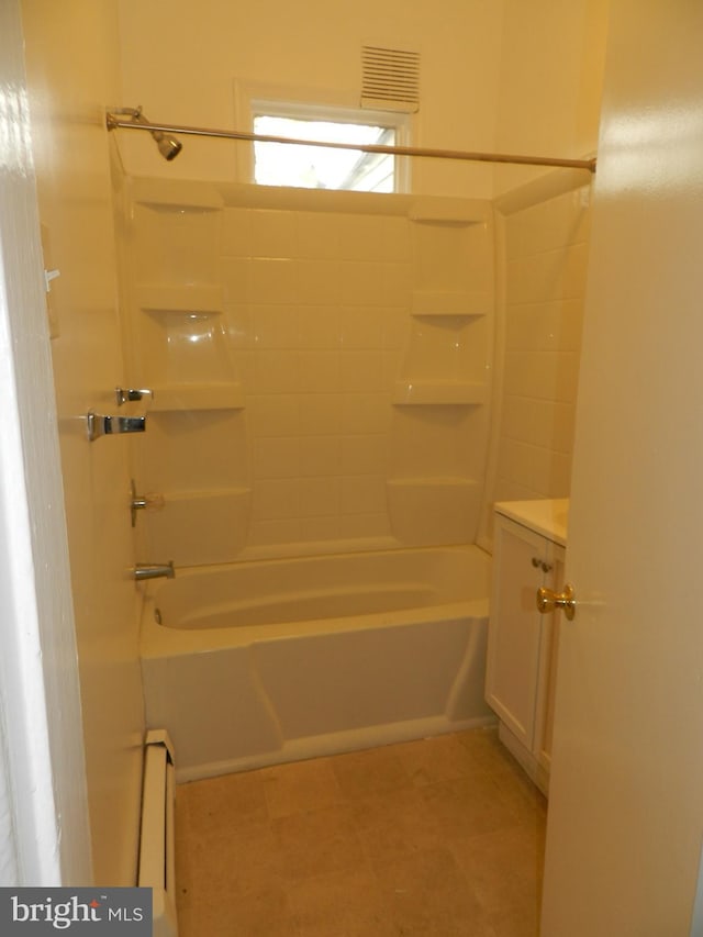 bathroom featuring baseboard heating, vanity, shower / bathing tub combination, and visible vents