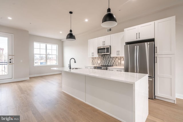 4030 Marilyn Dr, Philadelphia, PA 19131 - kitchen with visible vents, a center island with sink, decorative backsplash, stainless steel appliances, and a sink