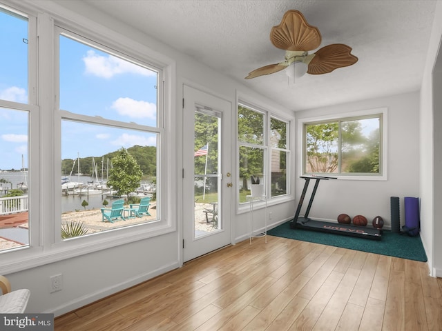 unfurnished sunroom with wood finished floors and baseboards